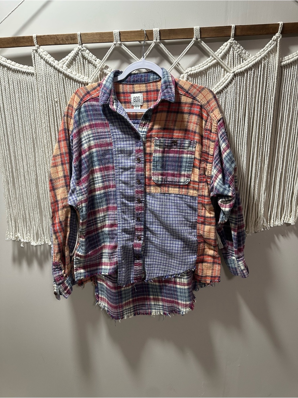 BDG Mixed Plaid Patchwork Button-Down Shirt - Red, Blue, Orange, Purple